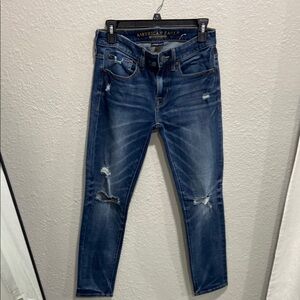 American Eagle Outfitters Blue Skinny Jeans with Distressed Details
